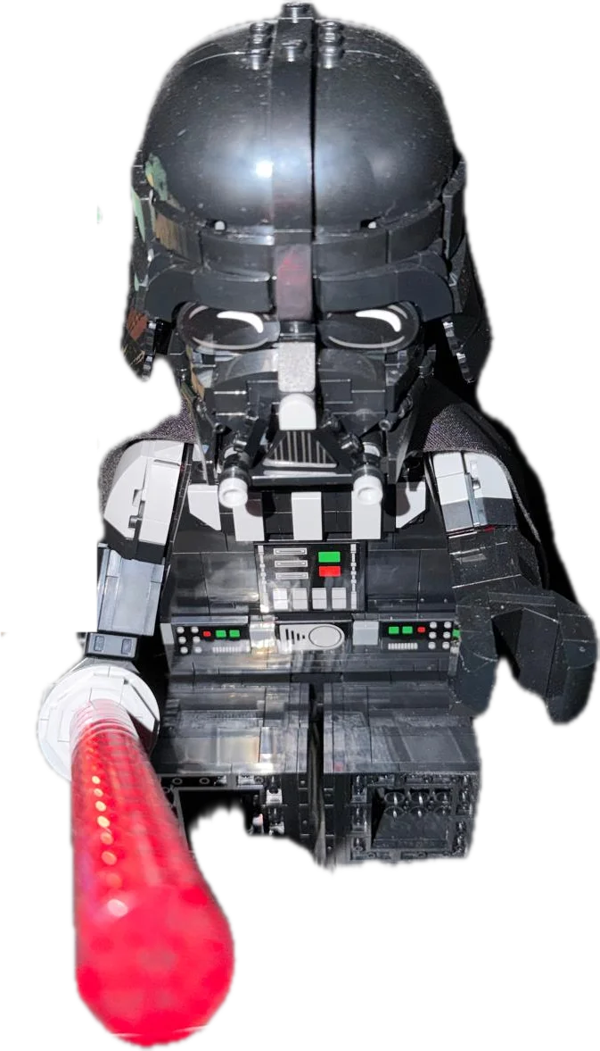 Lego Darth Vader holding a red lightsaber